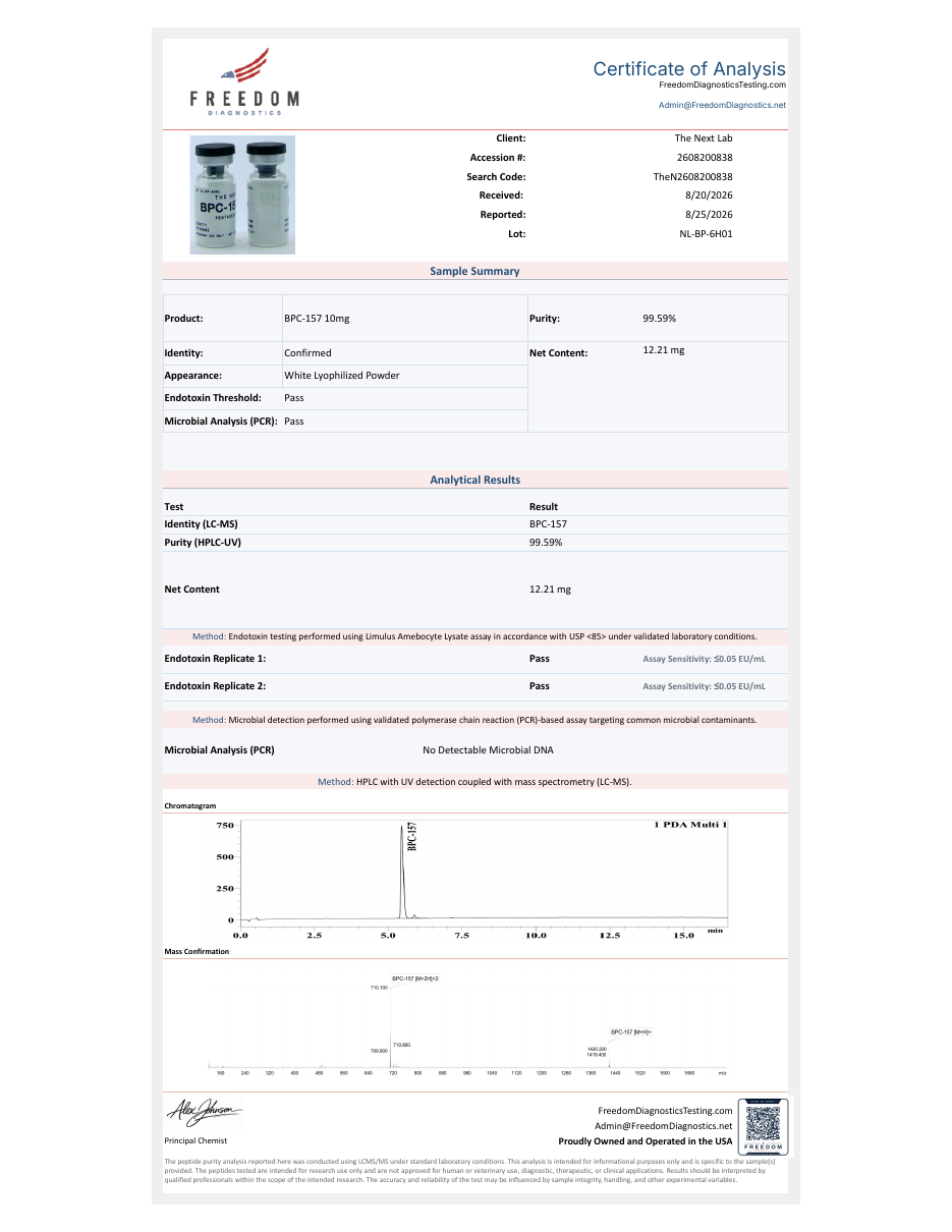 Certificate of analysis, BPC-157 10 mg, lot NL-BP-6H01, page one
